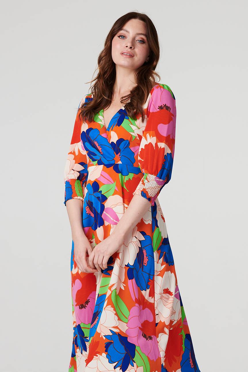 Floral 3/4 Sleeve Midi Dress Back View 2