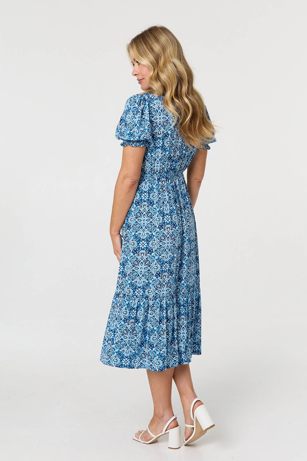 Printed Short Puff Sleeve Tie Midi Dress Side View