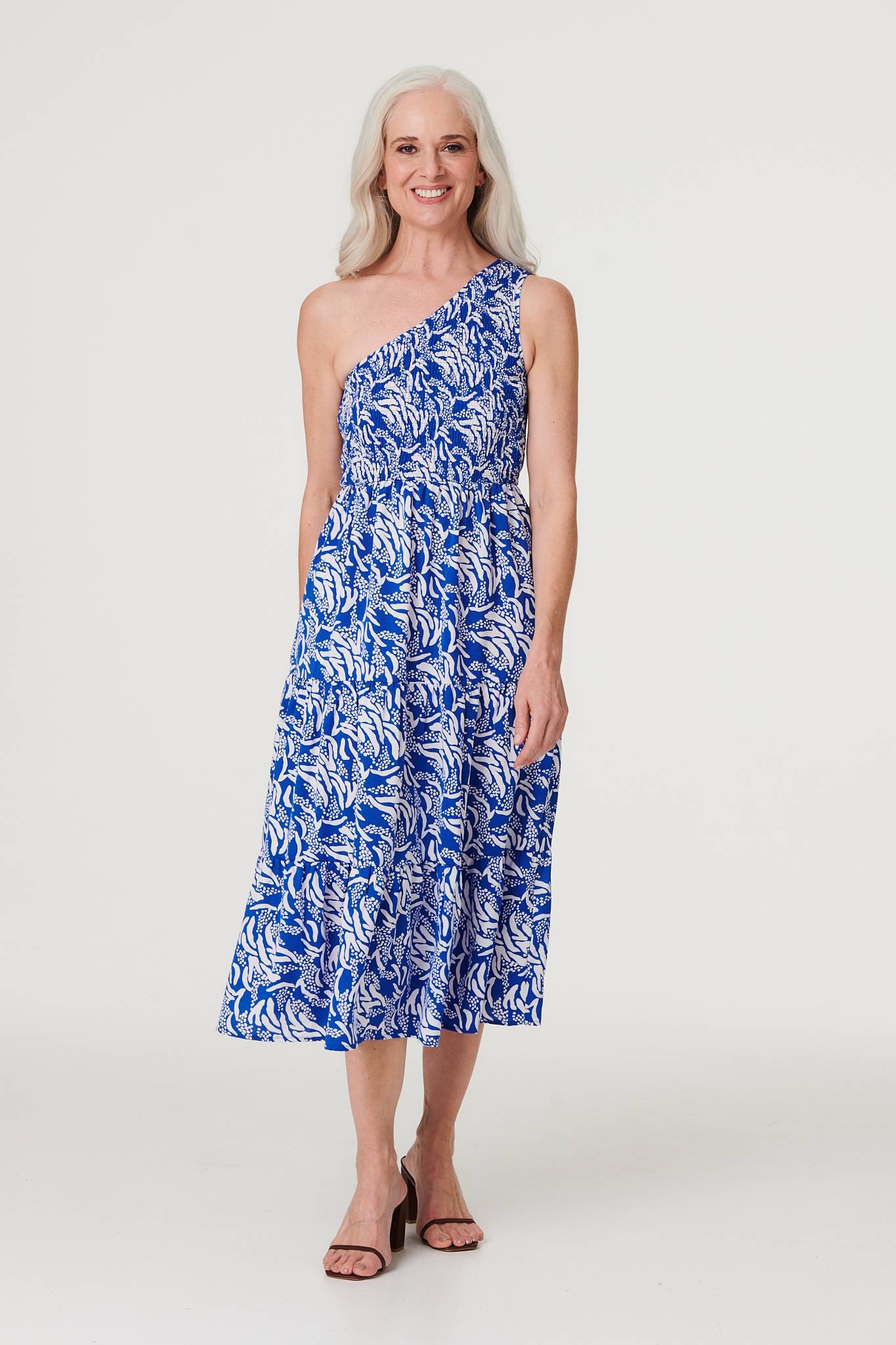 Printed Asymmetric Midi Sun Dress Front View 2