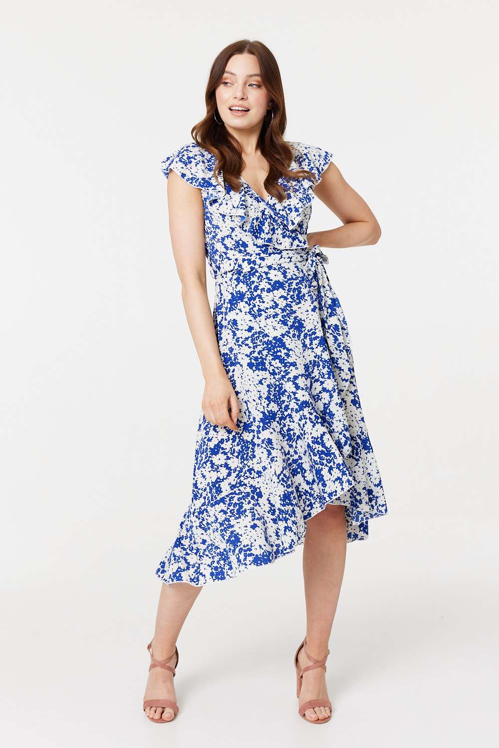 Printed Tie Waist Midi Wrap Dress Front View