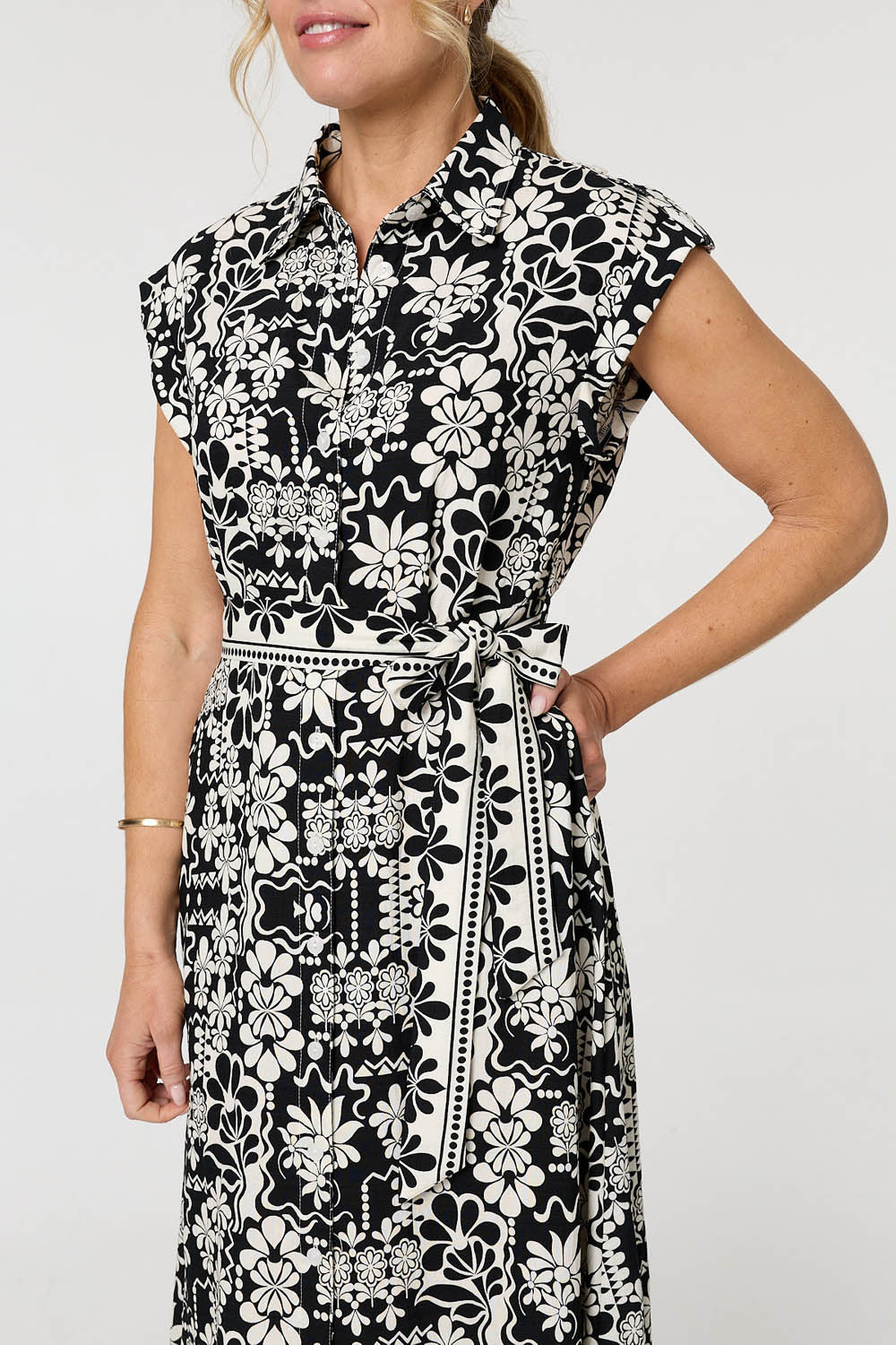 Floral Cap Sleeve Tie Midi Shirt Dress Front View 2