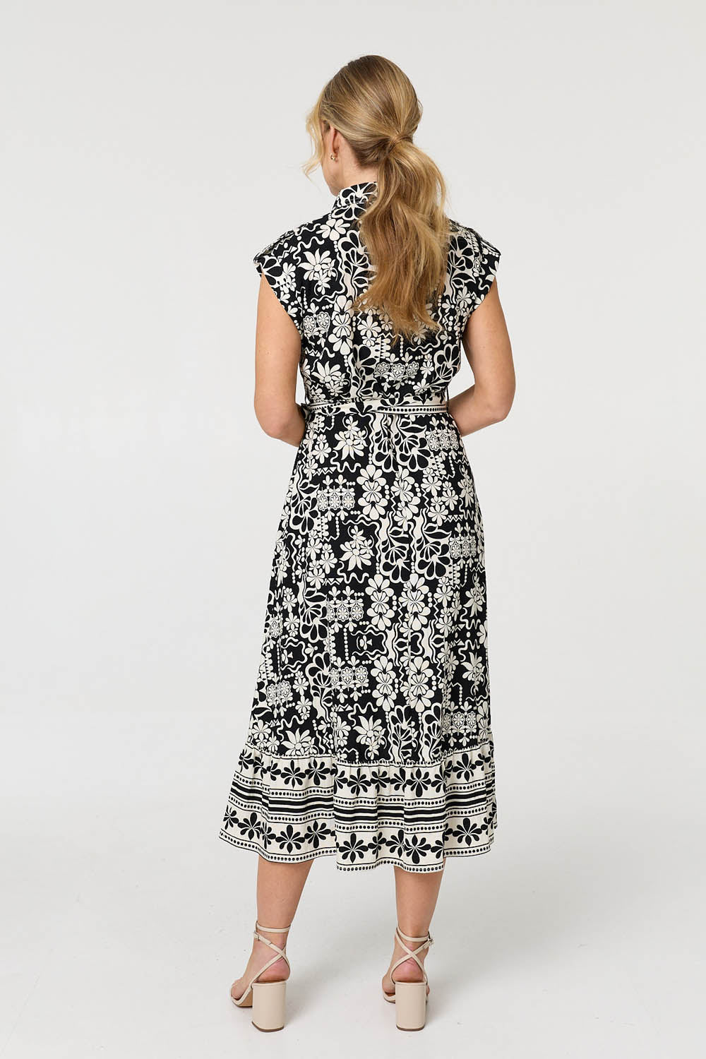 Floral Cap Sleeve Tie Midi Shirt Dress Detail View