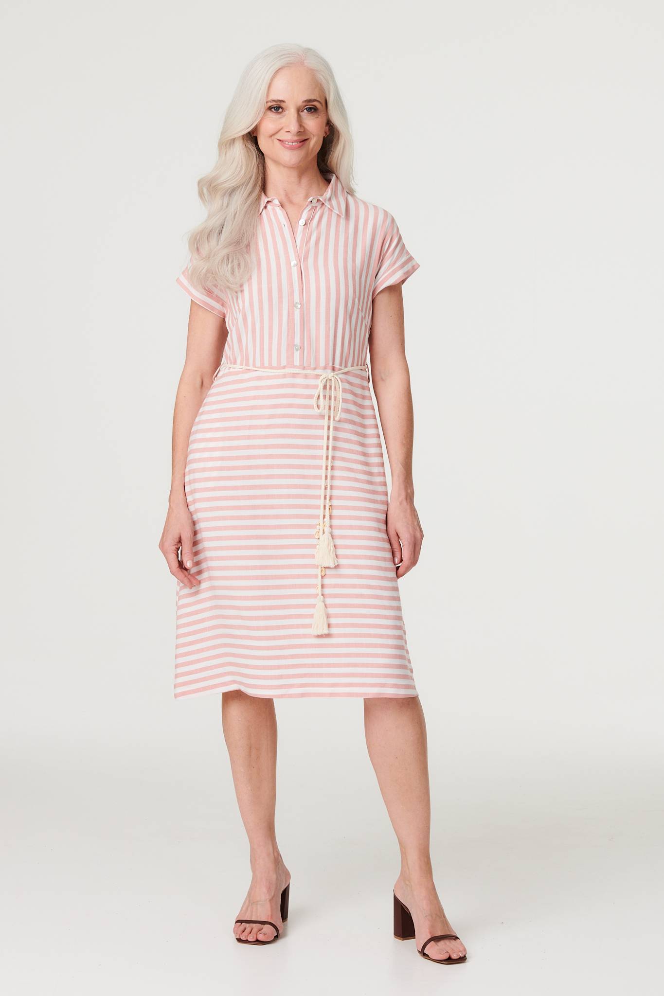 Striped Tie Waist Knee Length Dress Front View