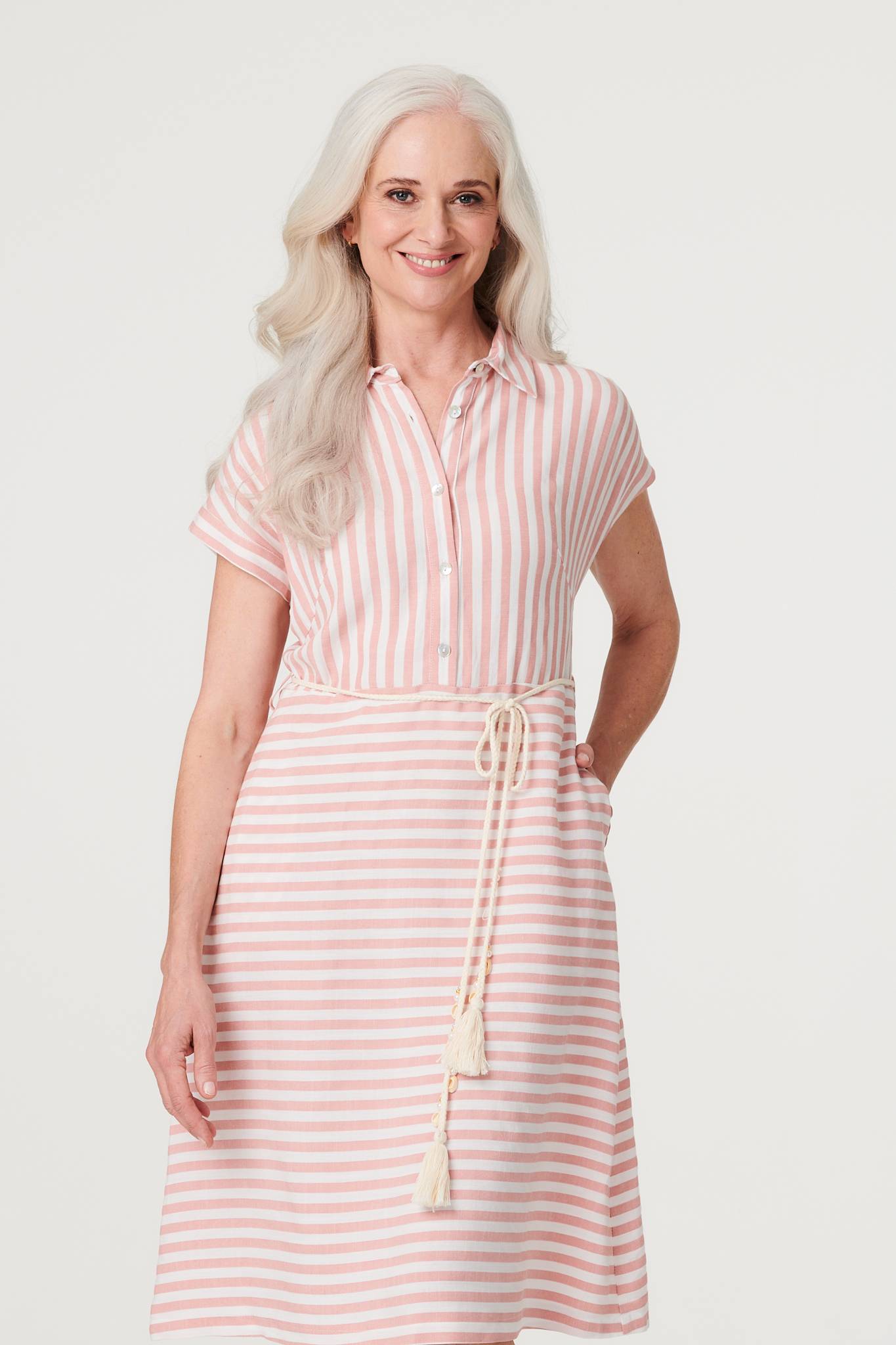 Striped Tie Waist Knee Length Dress Back View