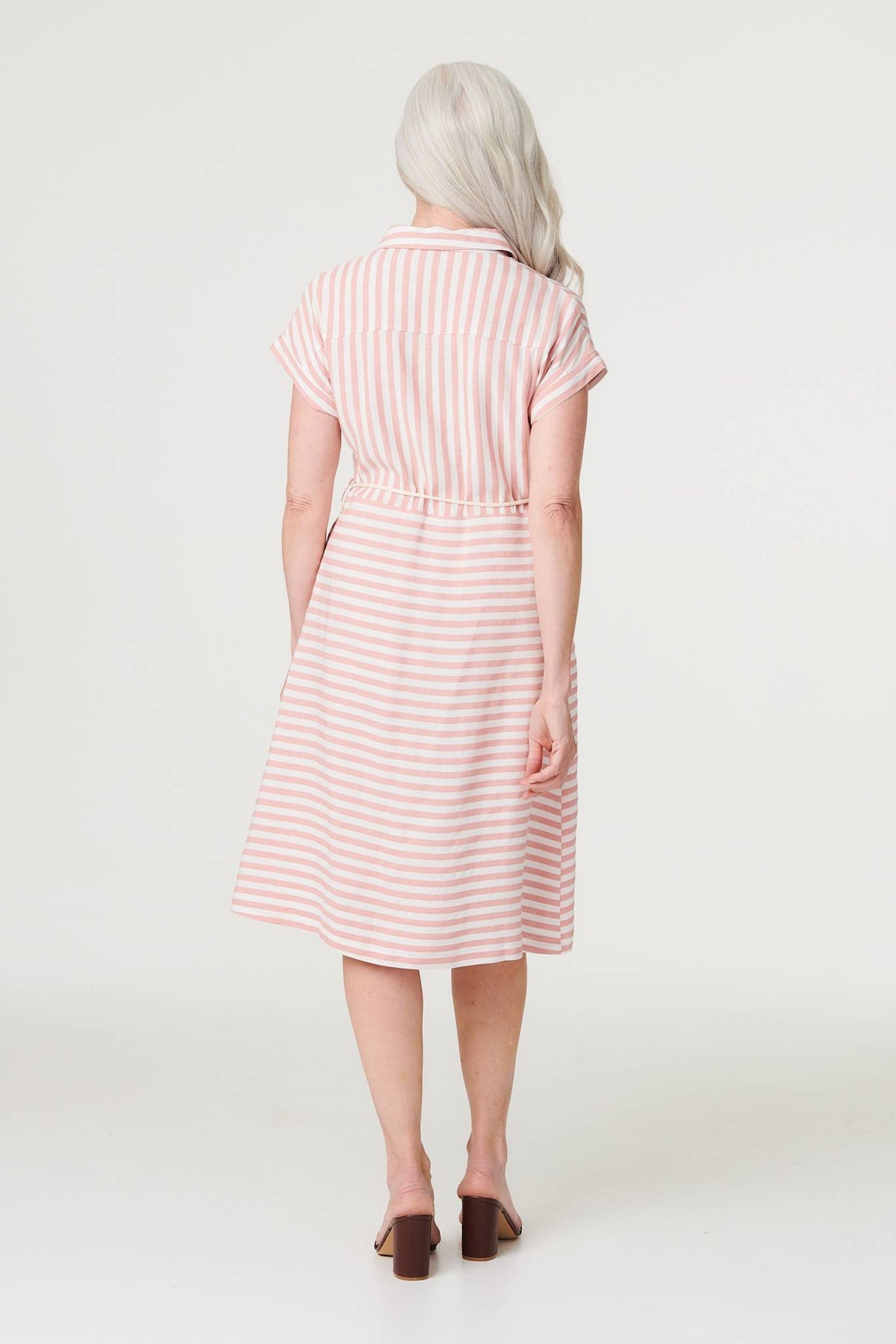 Striped Tie Waist Knee Length Dress Side View