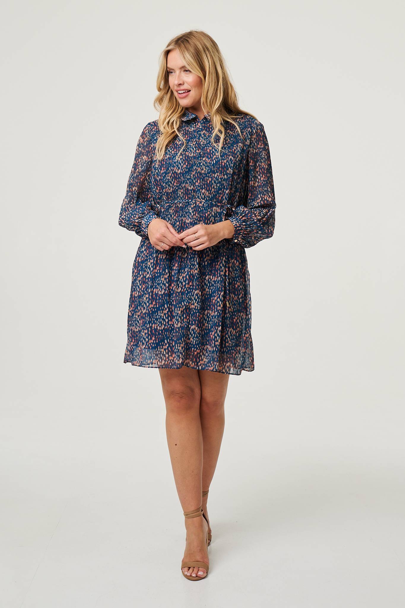 Printed Collared Short Tie Waist Dress Full Length View