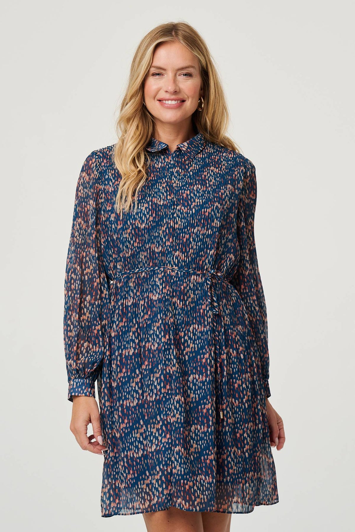 Printed Collared Short Tie Waist Dress Front View