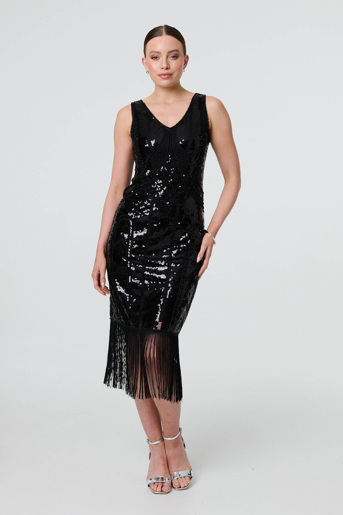 Sequin Embellished Tassel Trim Midi Dress Back View