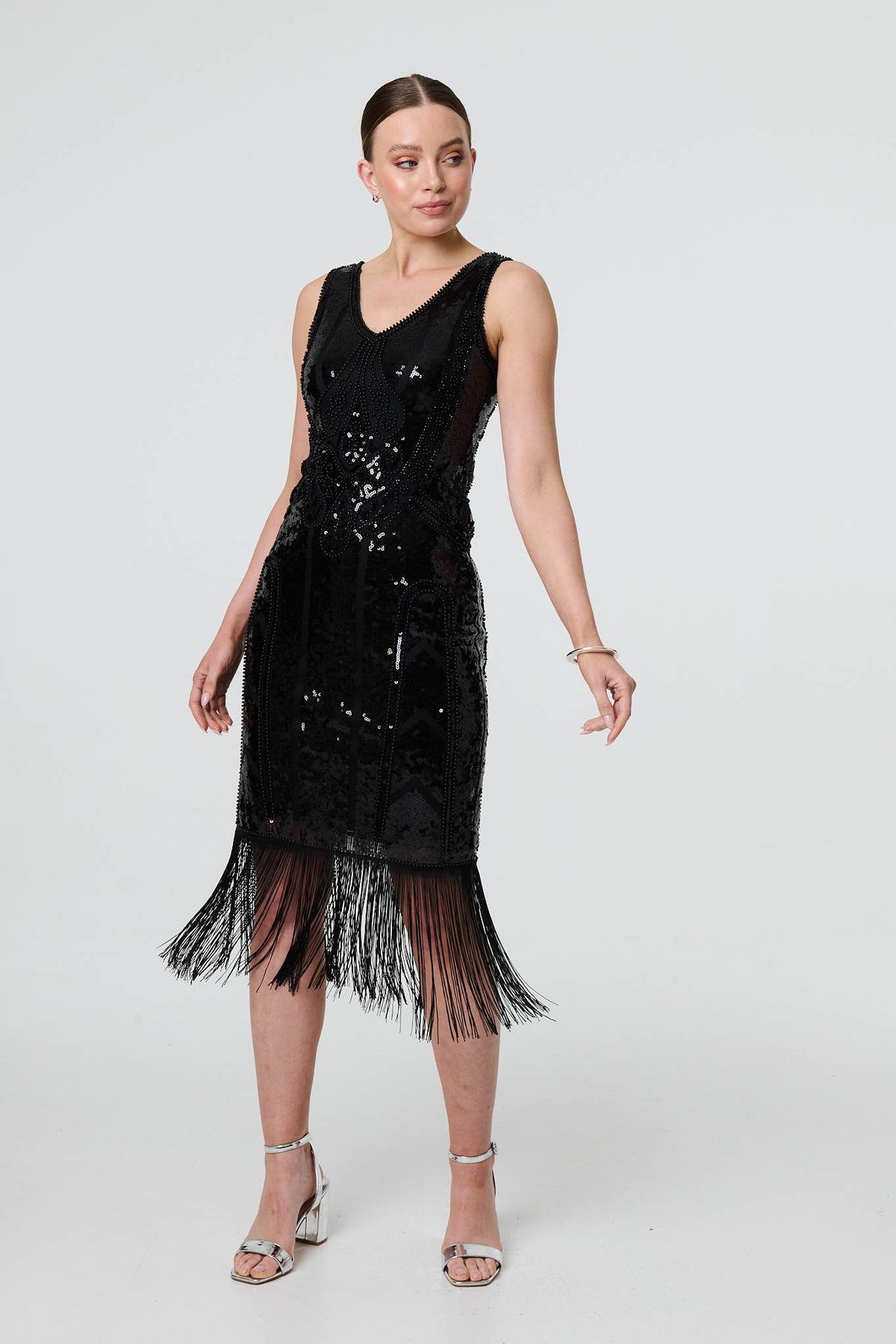 Sequin Embellished Tassel Trim Midi Dress Back View 2