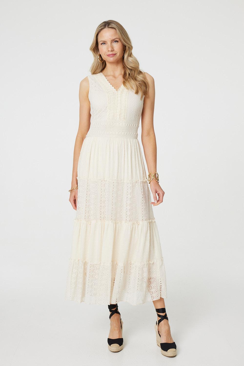 Lace Detail Sleeveless Tiered Maxi Dress Back View