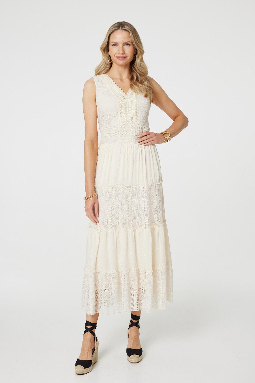 Lace Detail Sleeveless Tiered Maxi Dress Side View 2
