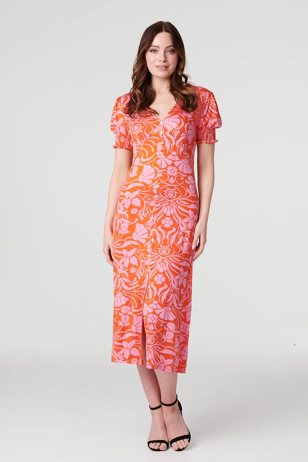 Floral Tie Back Midi Tea Dress Full Length View