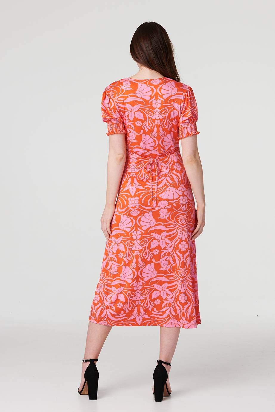 Floral Tie Back Midi Tea Dress Styled View