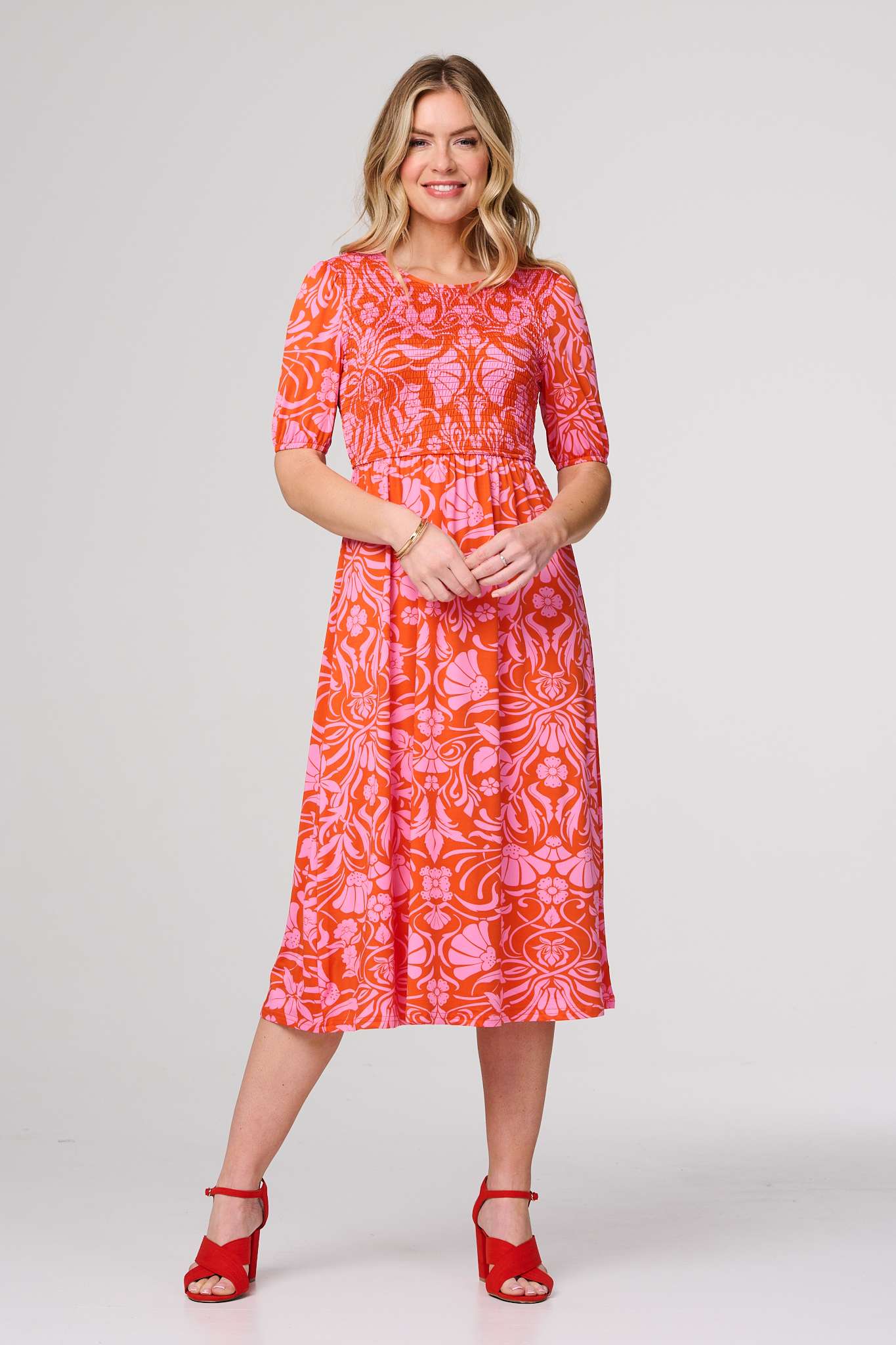 Floral Smocked Detail Midi Dress Back View