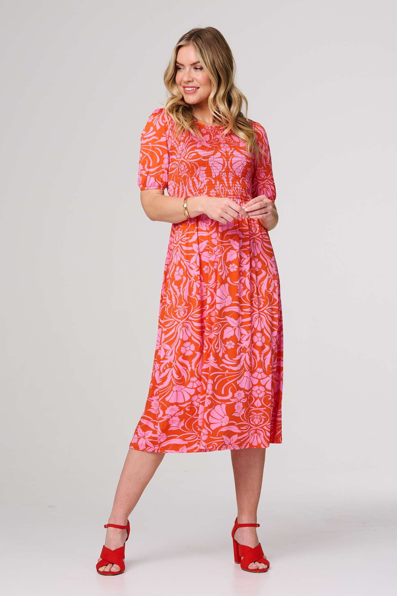 Floral Smocked Detail Midi Dress Back View 2