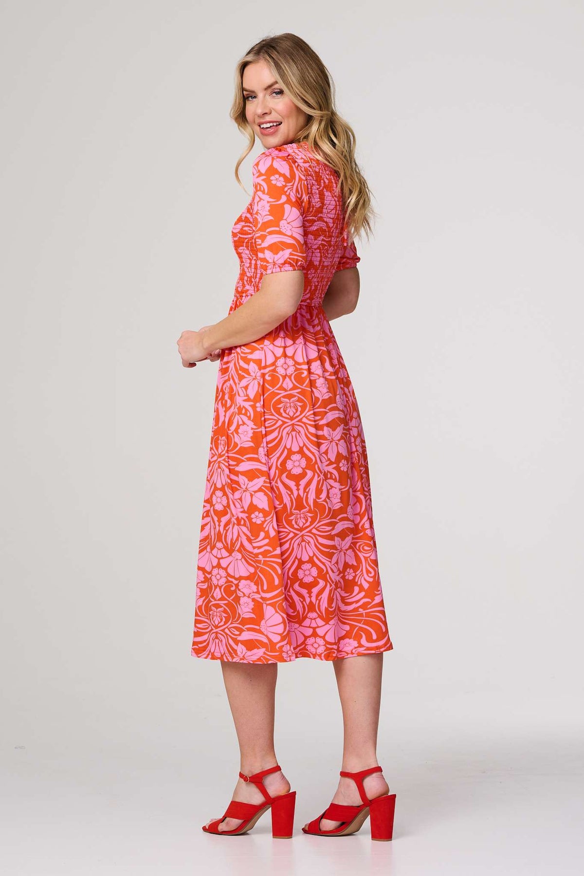 Floral Smocked Detail Midi Dress Styled View