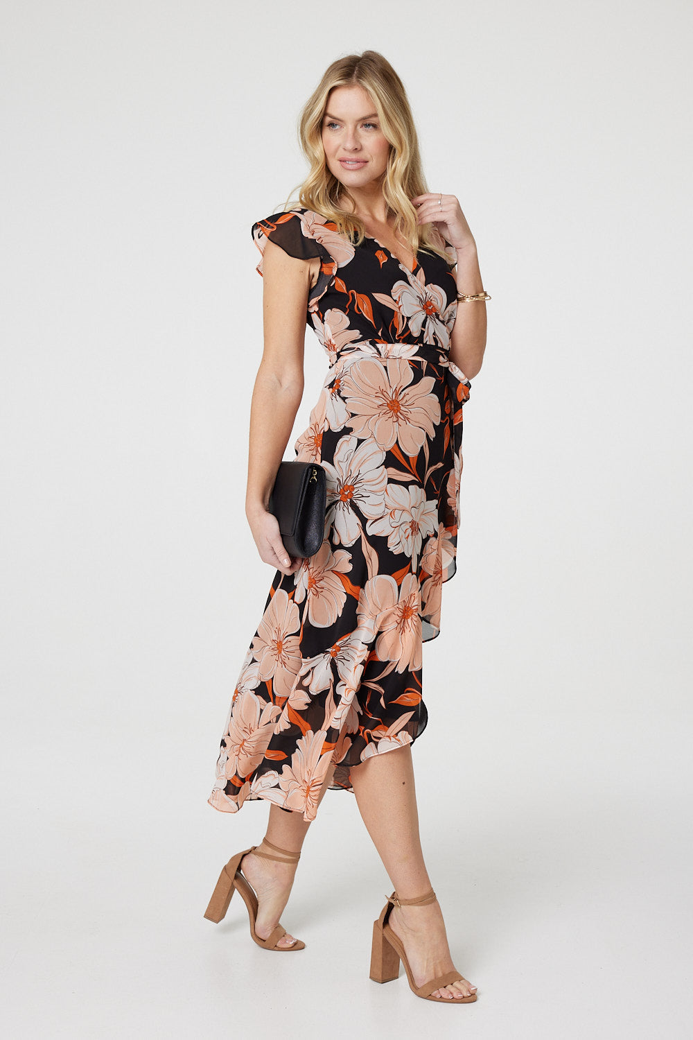 Floral Frill Asymmetric Wrap Midi Dress Styled View
