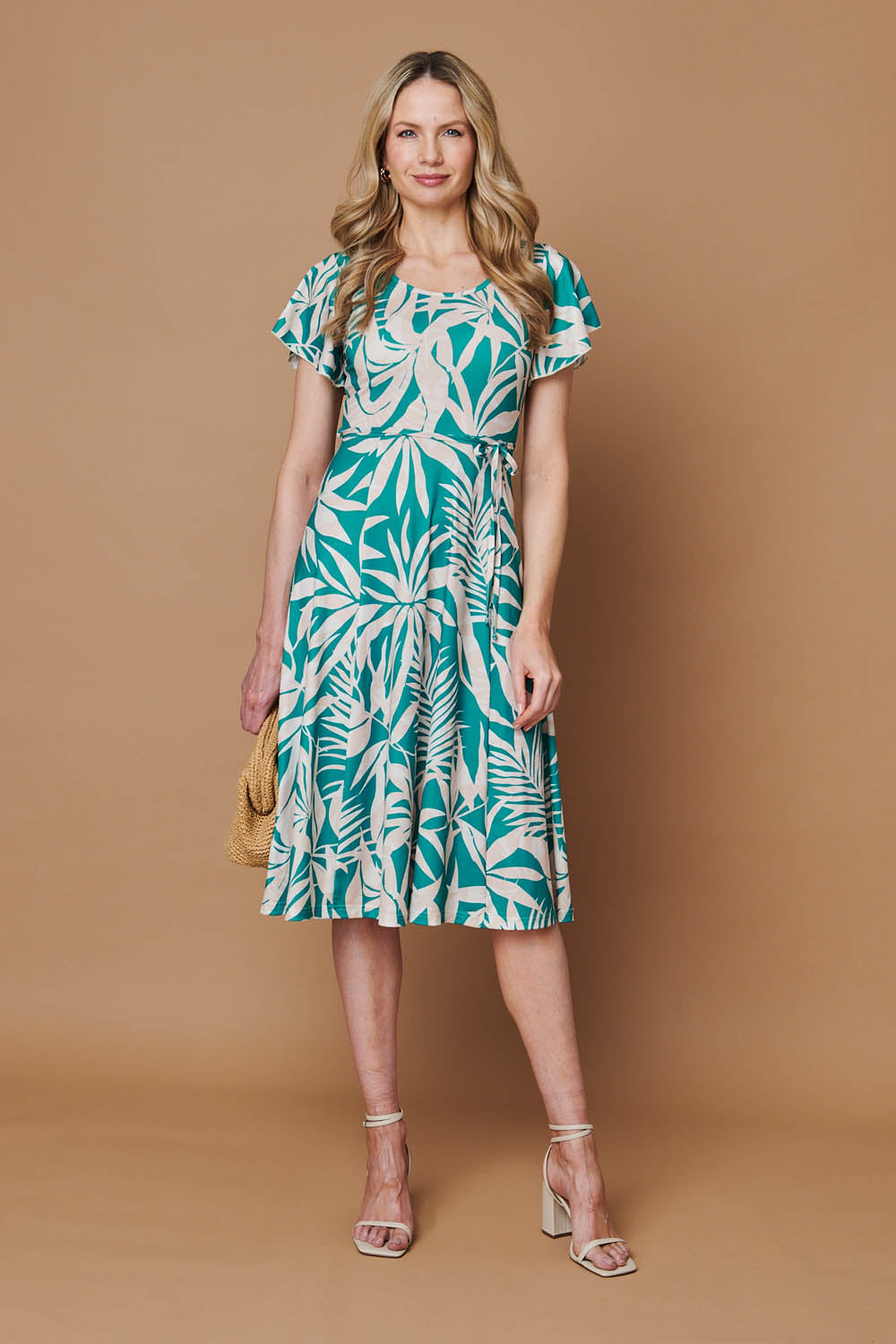 Leaf Print Tie Angel Sleeve Midi Dress Front View