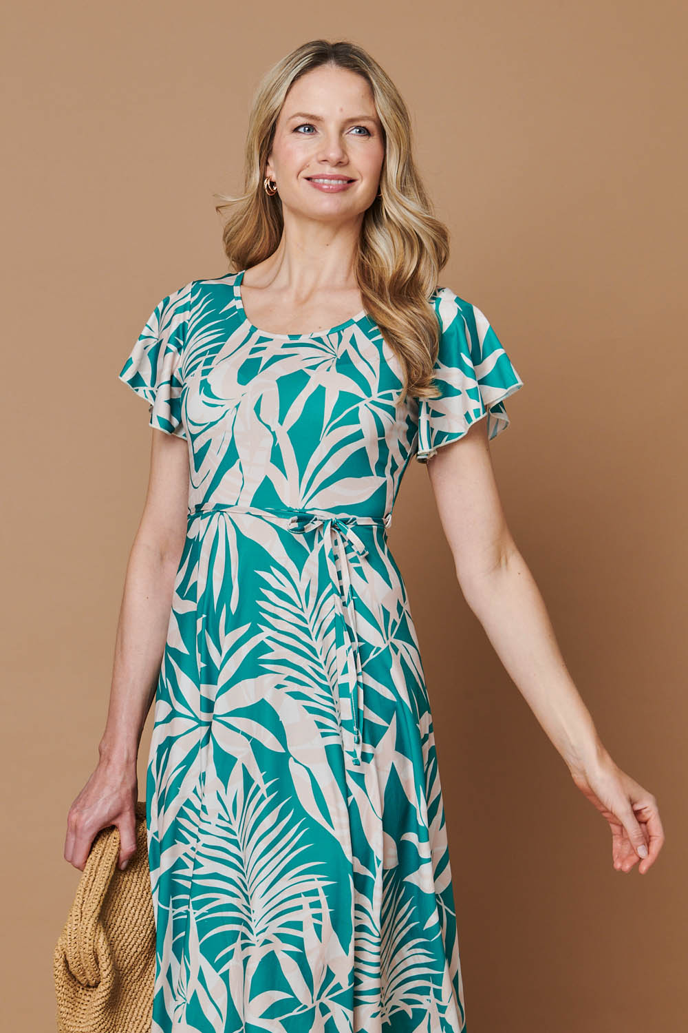 Leaf Print Tie Angel Sleeve Midi Dress Detail View