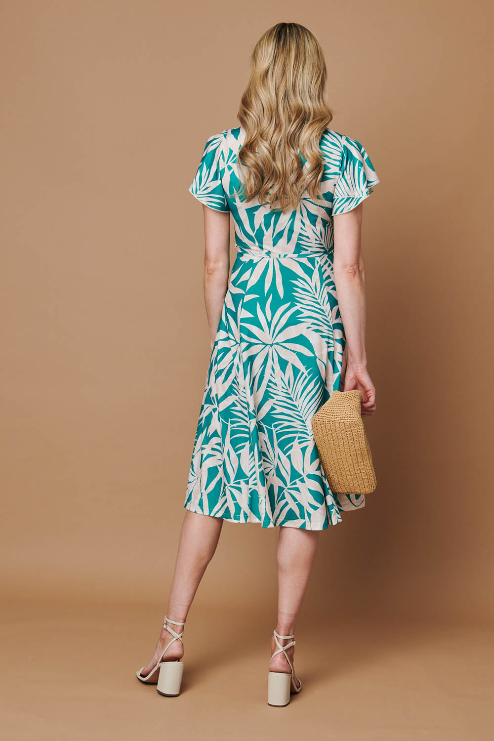 Leaf Print Tie Angel Sleeve Midi Dress Side View