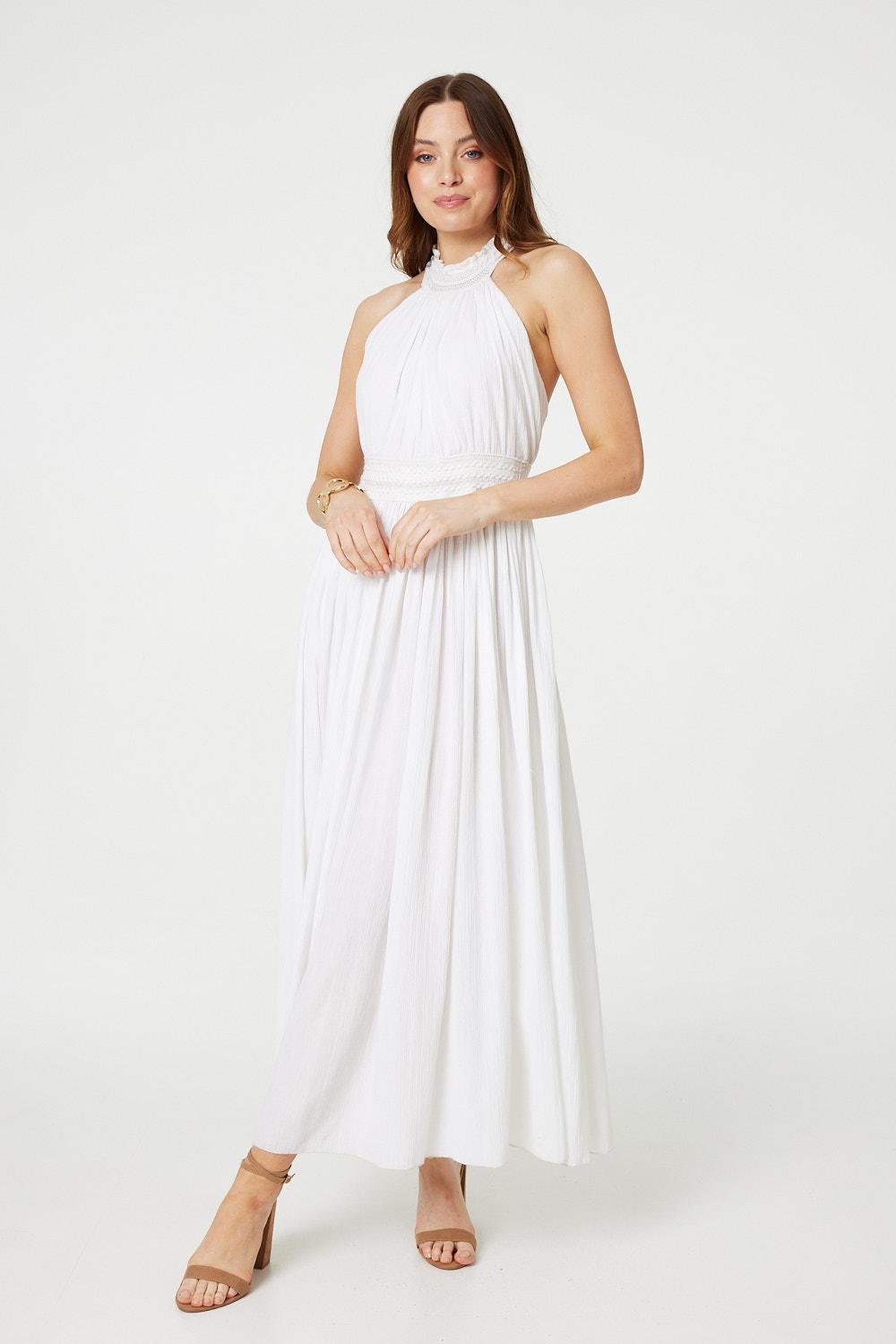 Embroidered Trim Halter Neck Maxi Dress Front View