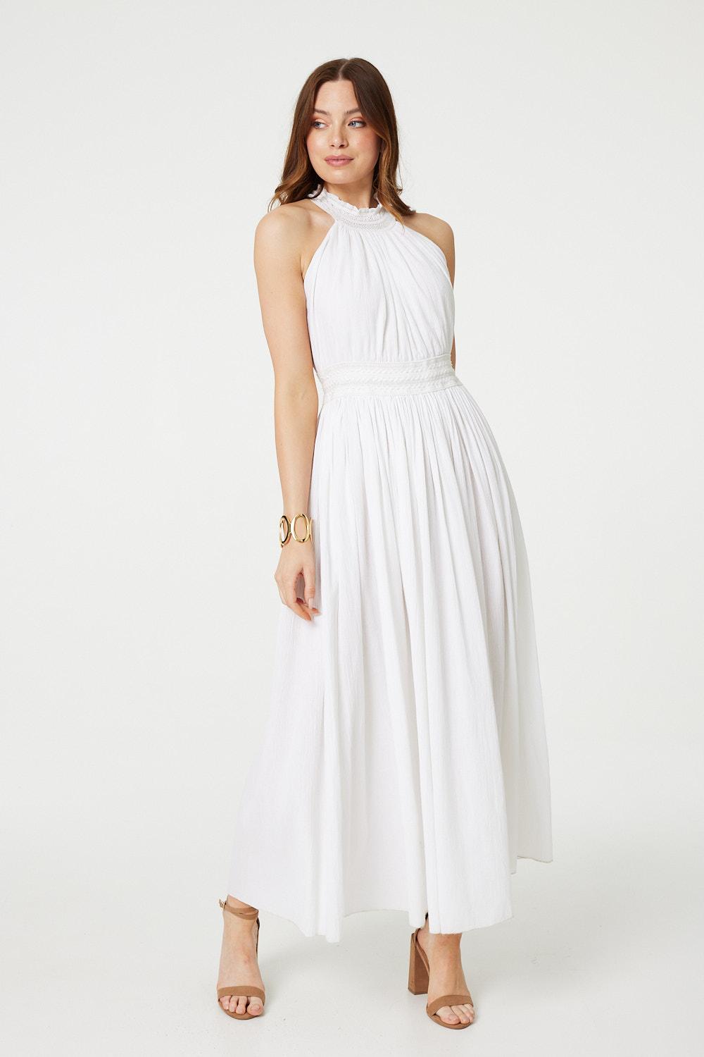 Embroidered Trim Halter Neck Maxi Dress Full Length View
