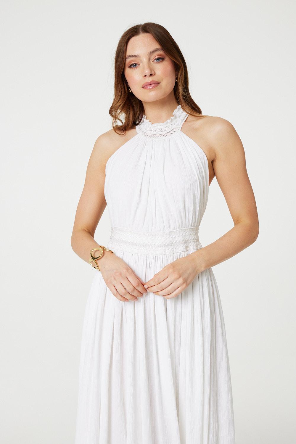 Embroidered Trim Halter Neck Maxi Dress Back View