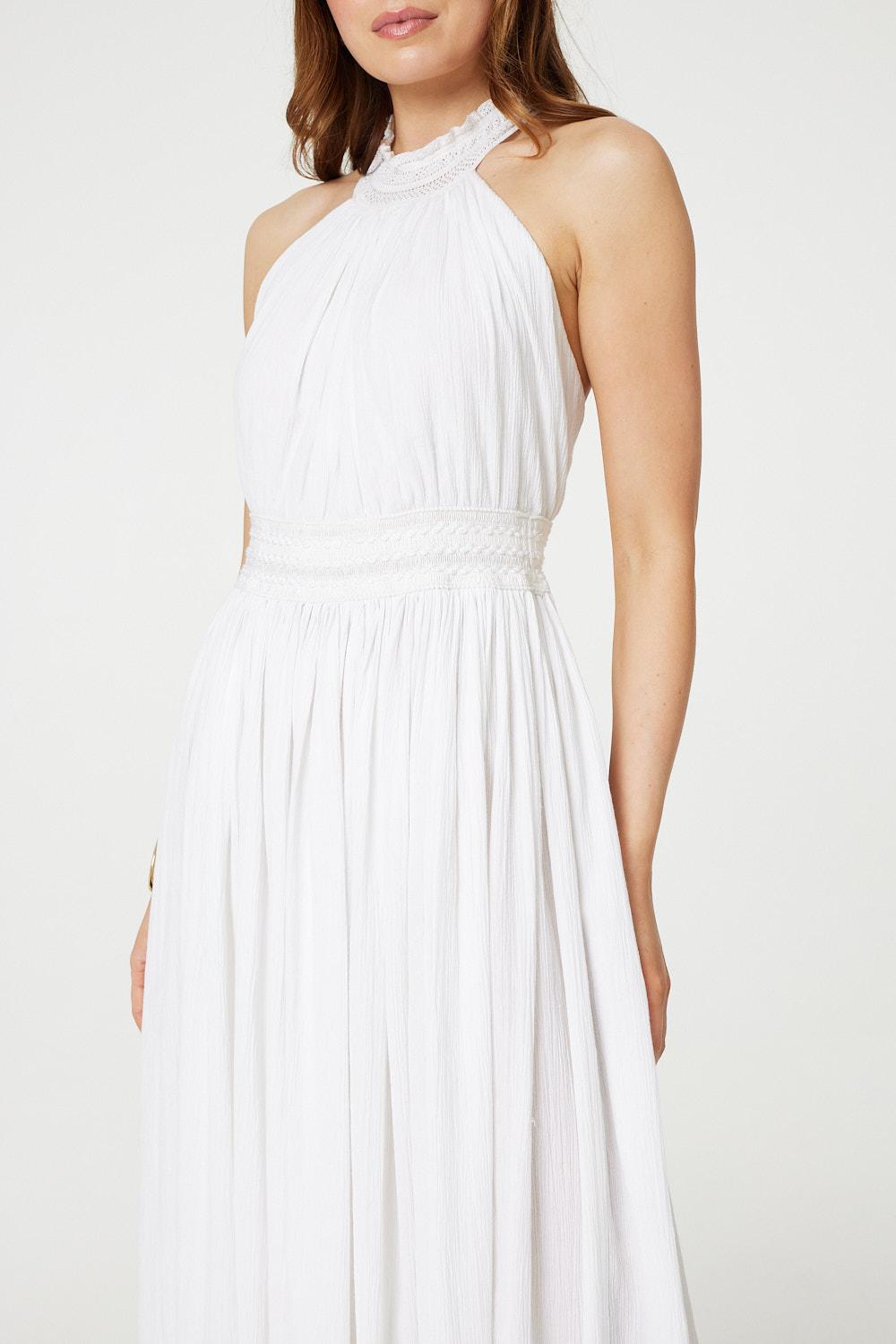 Embroidered Trim Halter Neck Maxi Dress Front View 2