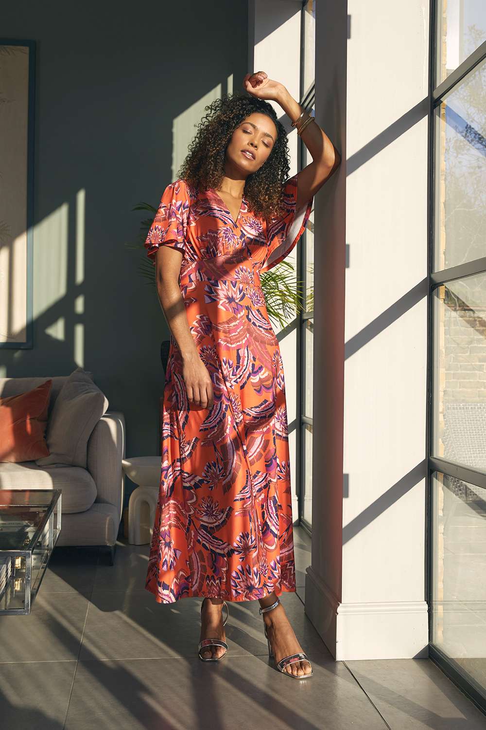 Printed Angel Sleeve Midi Dress Front View 2