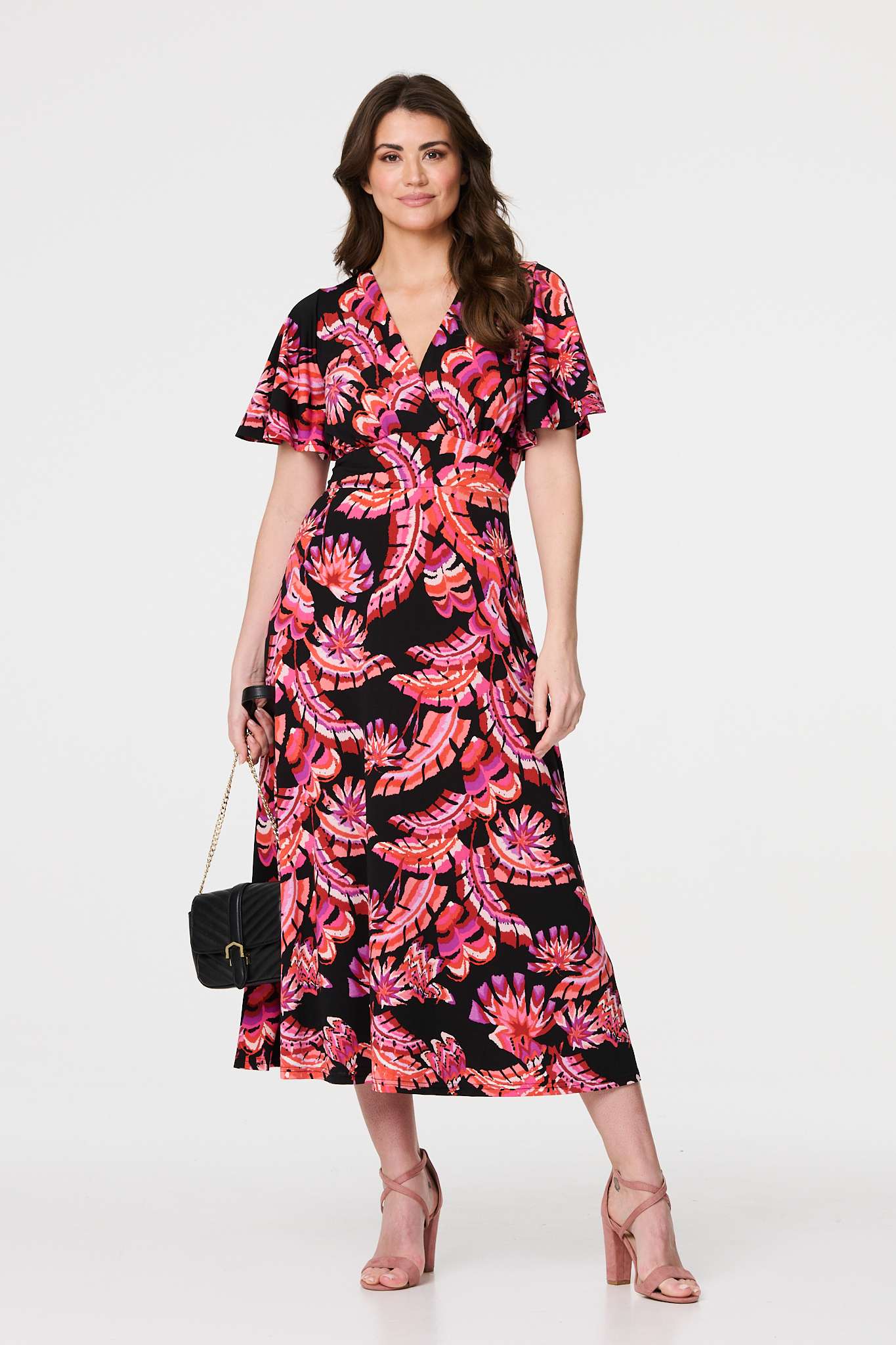 Printed Angel Sleeve Midi Dress Front View