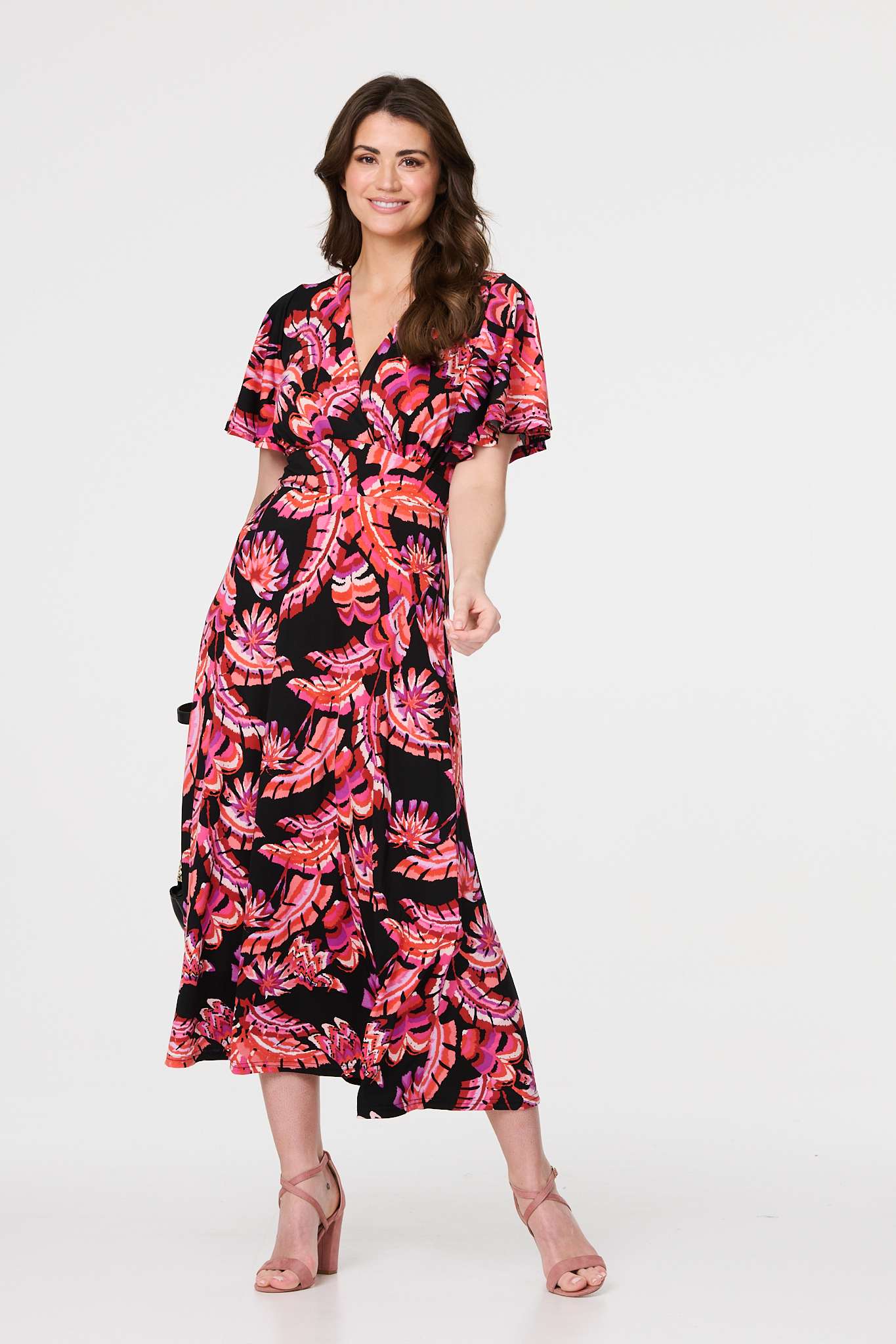 Printed Angel Sleeve Midi Dress Styled View