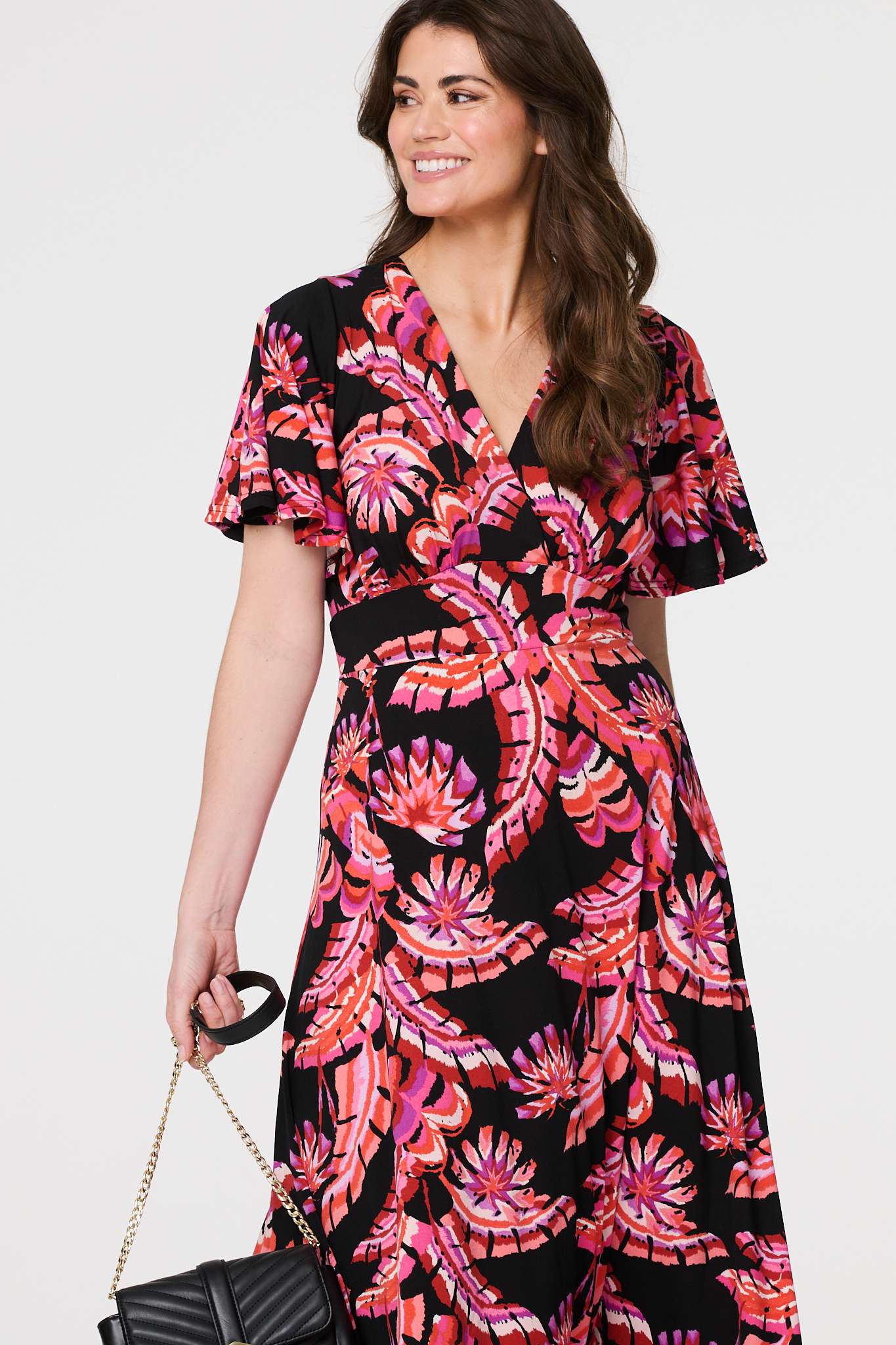 Printed Angel Sleeve Midi Dress Back View