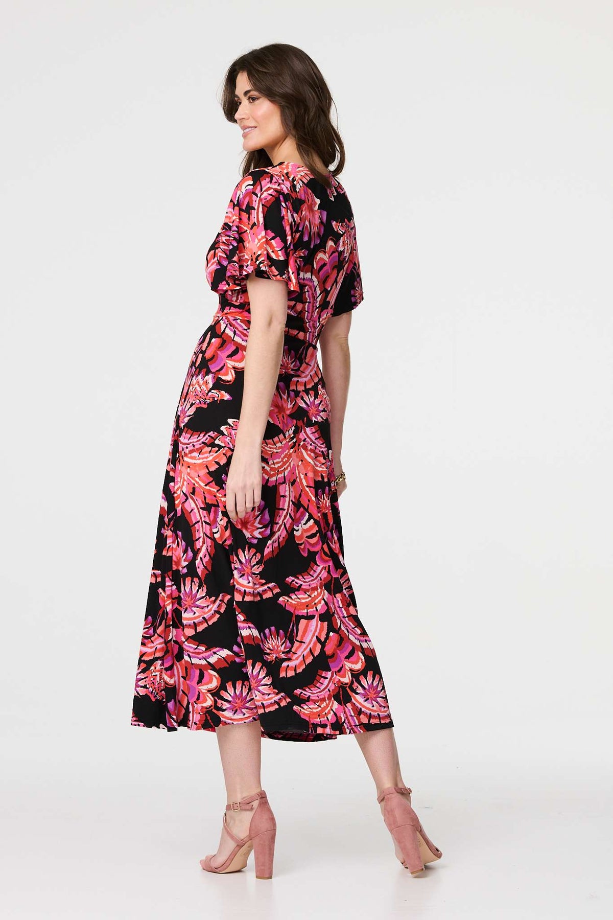 Printed Angel Sleeve Midi Dress Side View