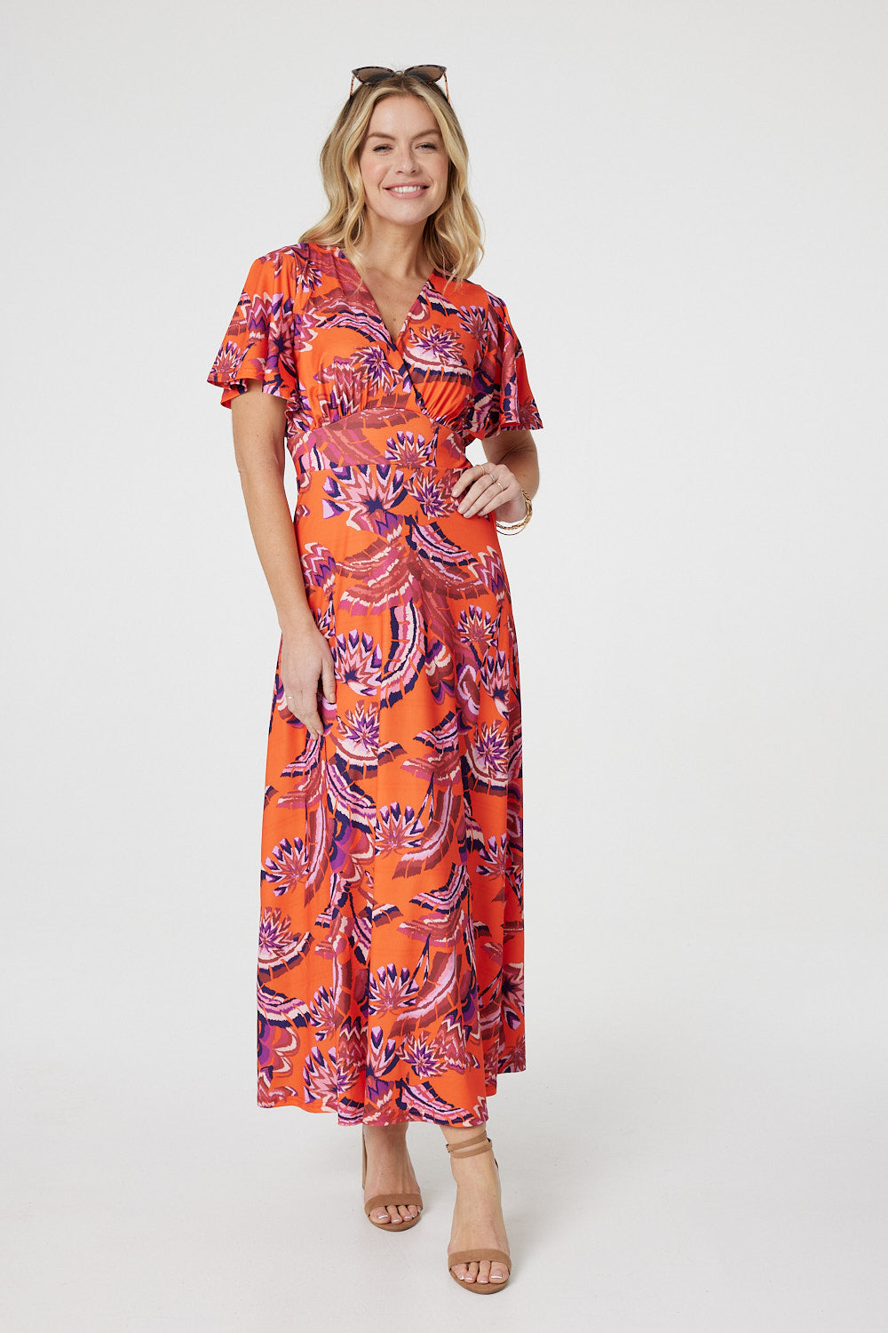 Printed Angel Sleeve Midi Dress Back View 3