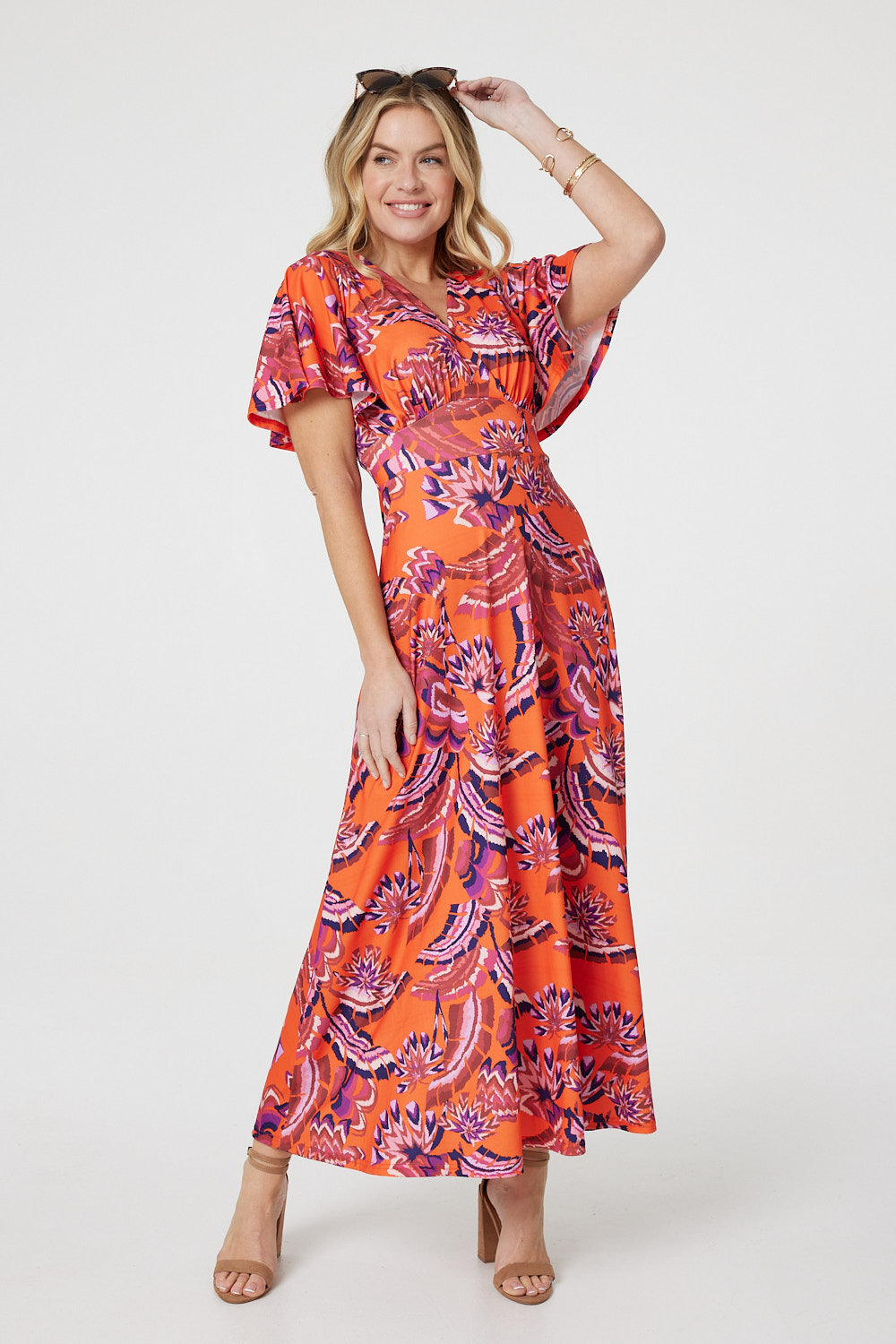 Printed Angel Sleeve Midi Dress Back View 2