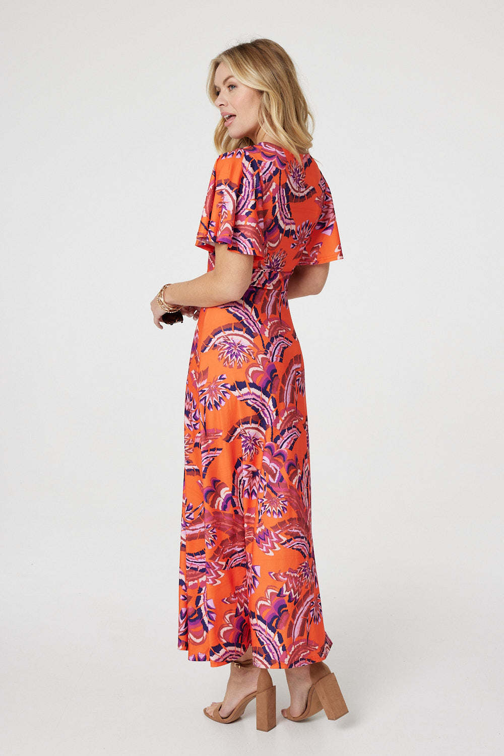 Printed Angel Sleeve Midi Dress Side View 2