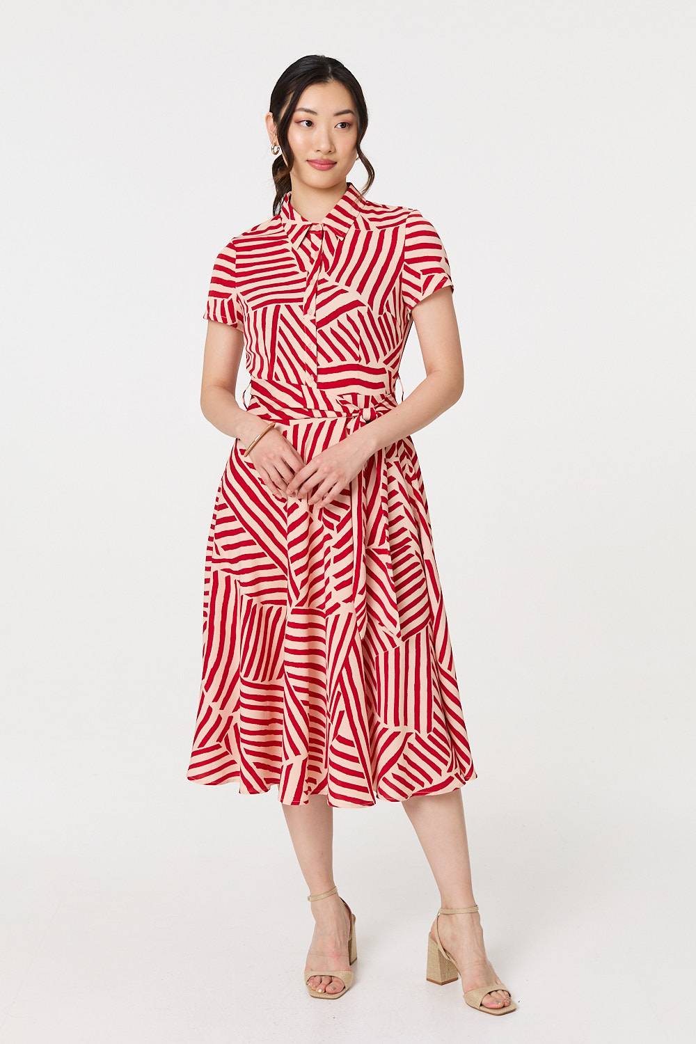 Striped Tie Waist Midi Shirt Dress Full Length View