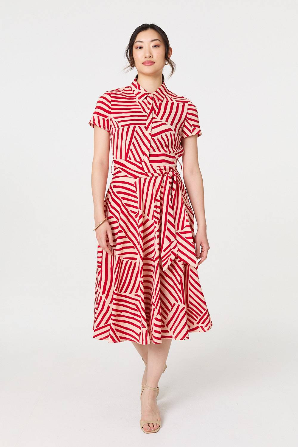 Striped Tie Waist Midi Shirt Dress Front View