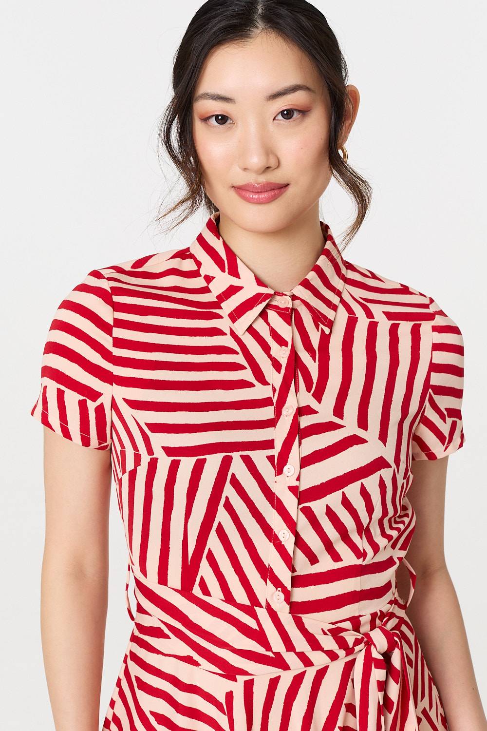 Striped Tie Waist Midi Shirt Dress Back View