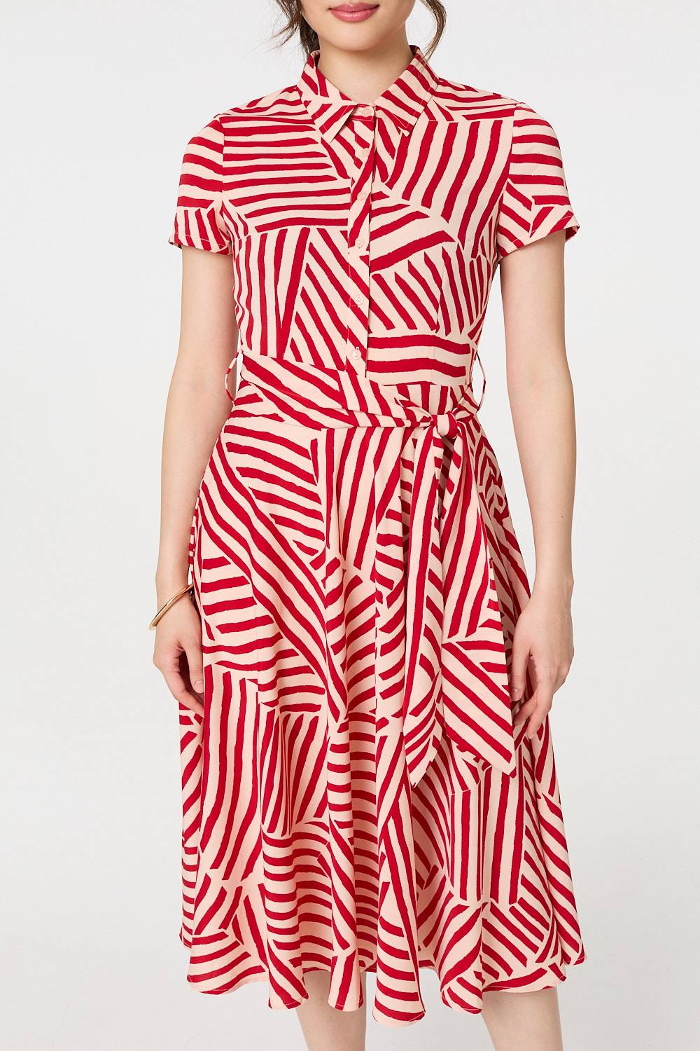 Striped Tie Waist Midi Shirt Dress Styled View