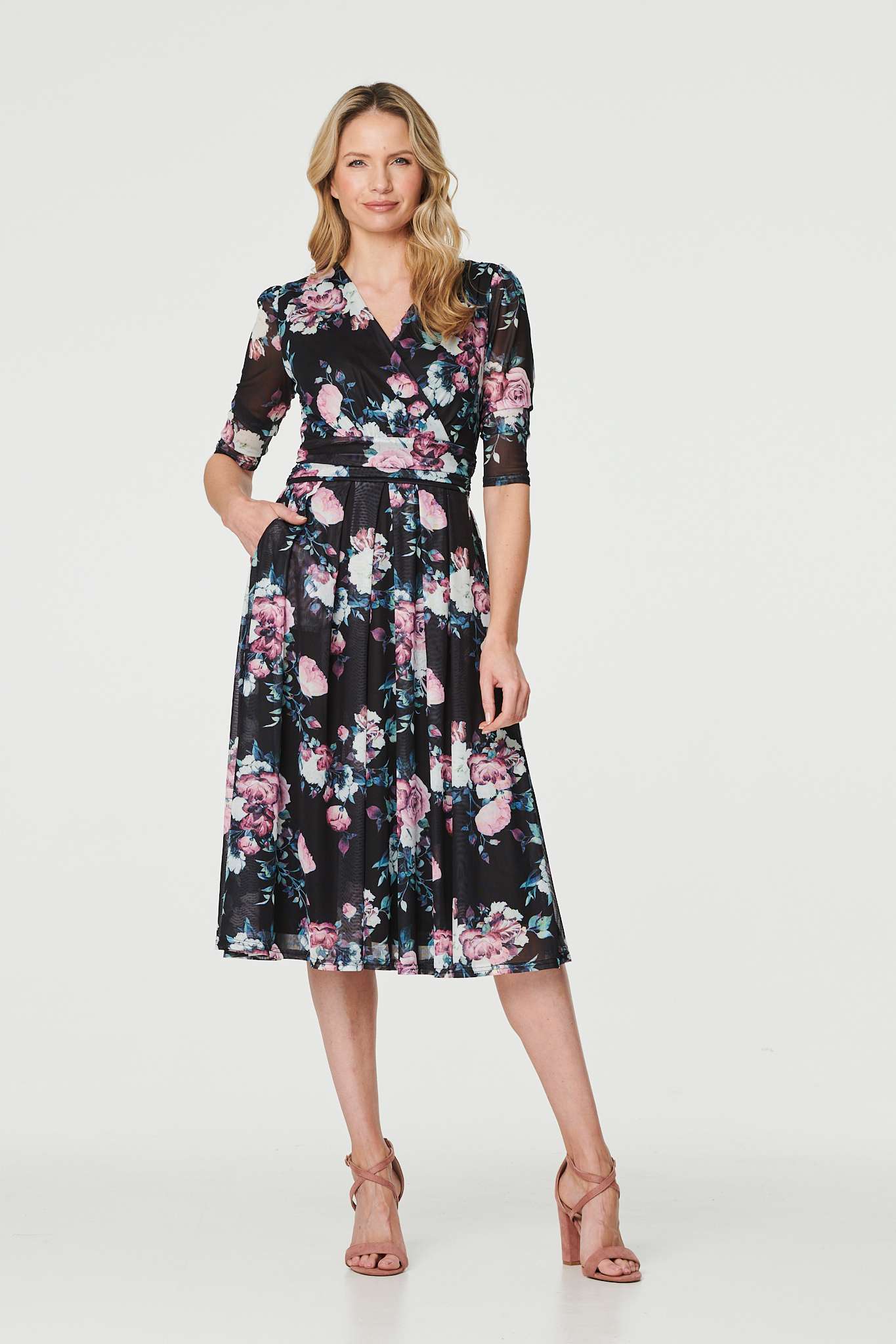Floral Ruched Midi Tea Dress Front View