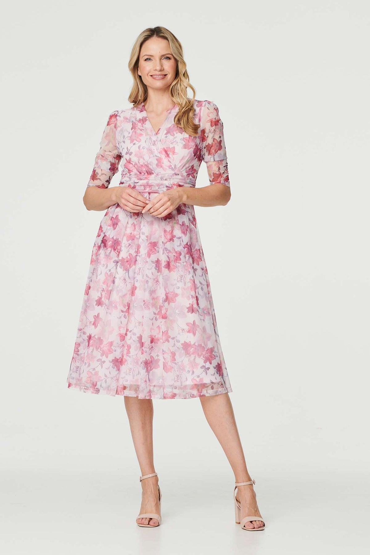 Floral Wrap Front Tea Dress Full Length View