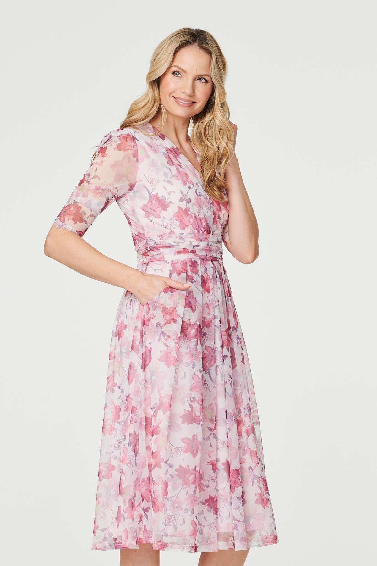 Floral Wrap Front Tea Dress Front View 2
