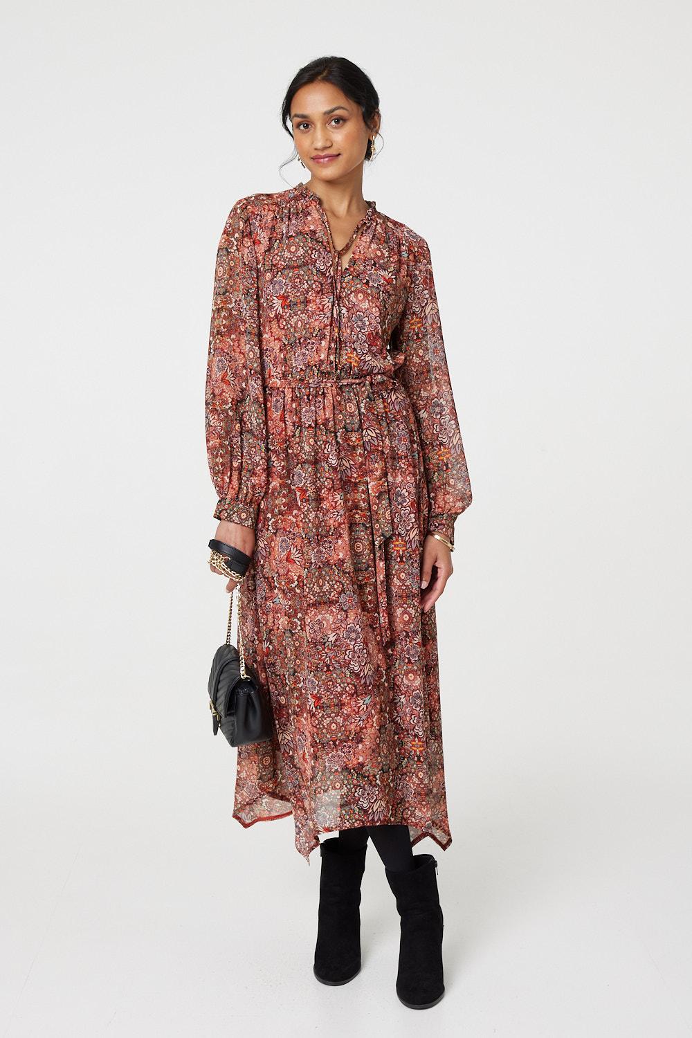 Floral Paisley Semi Sheer Midi Dress Side View 2