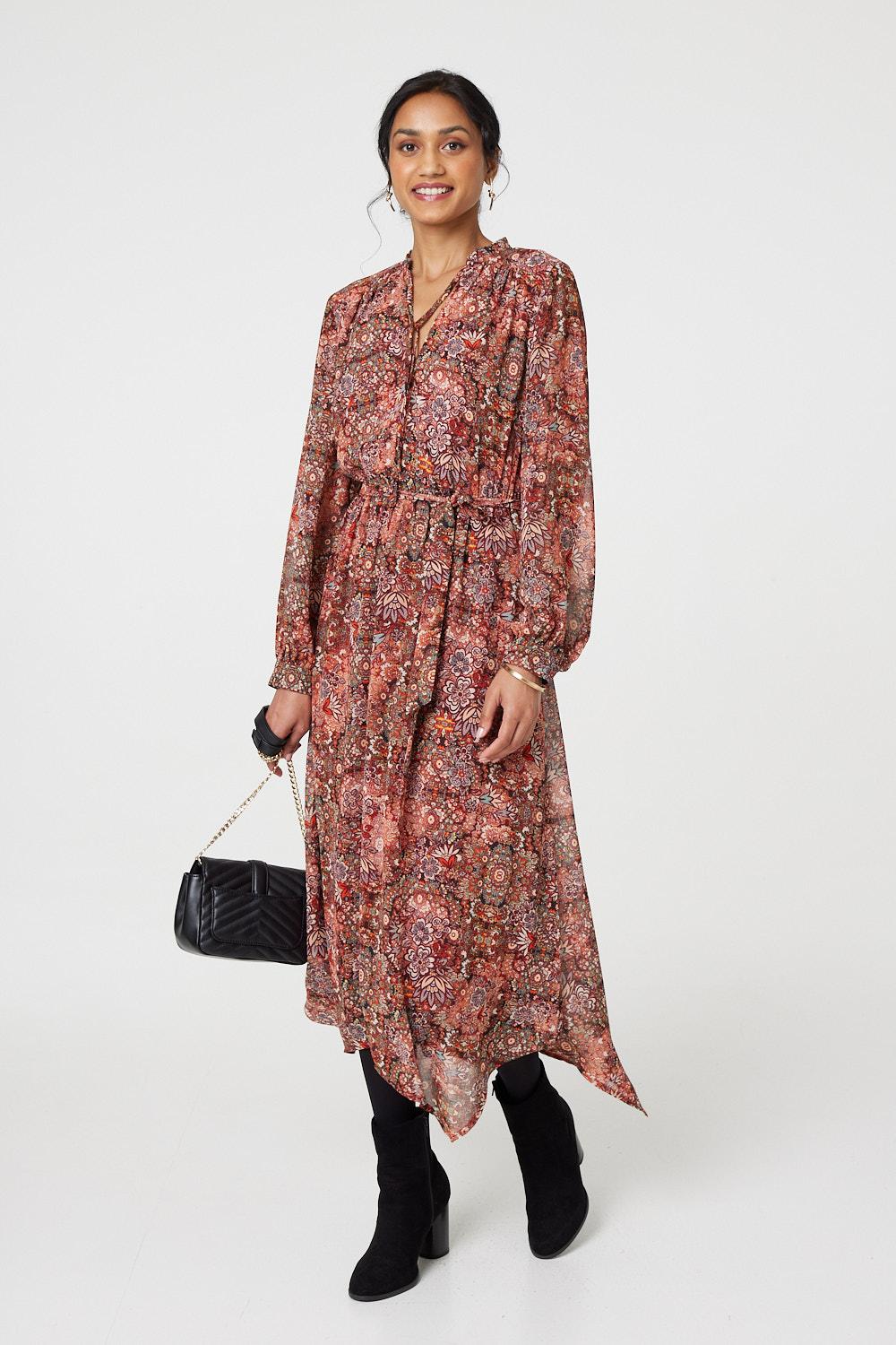 Floral Paisley Semi Sheer Midi Dress Back View