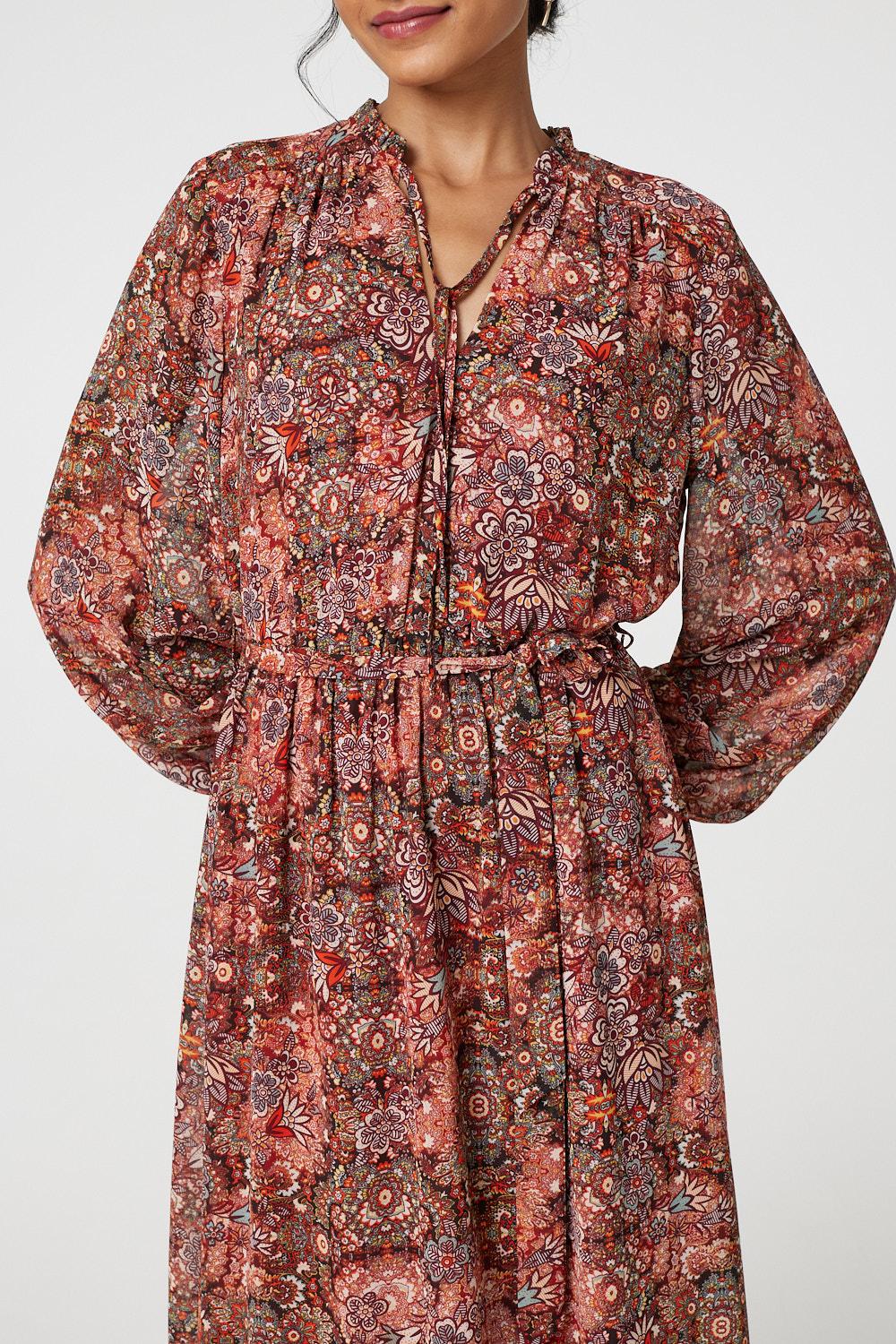 Floral Paisley Semi Sheer Midi Dress Front View 2