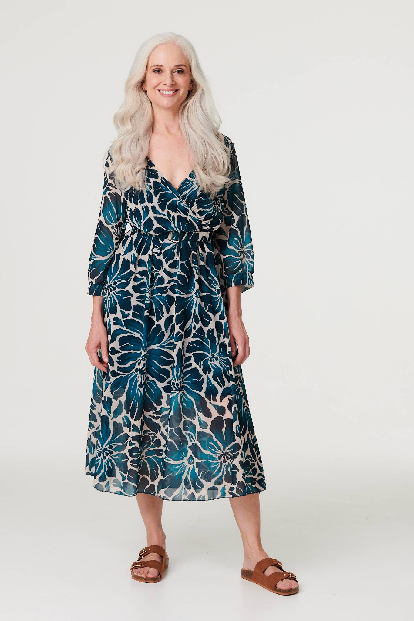 Floral Semi Sheer V-Neck Midi Dress Front View 2