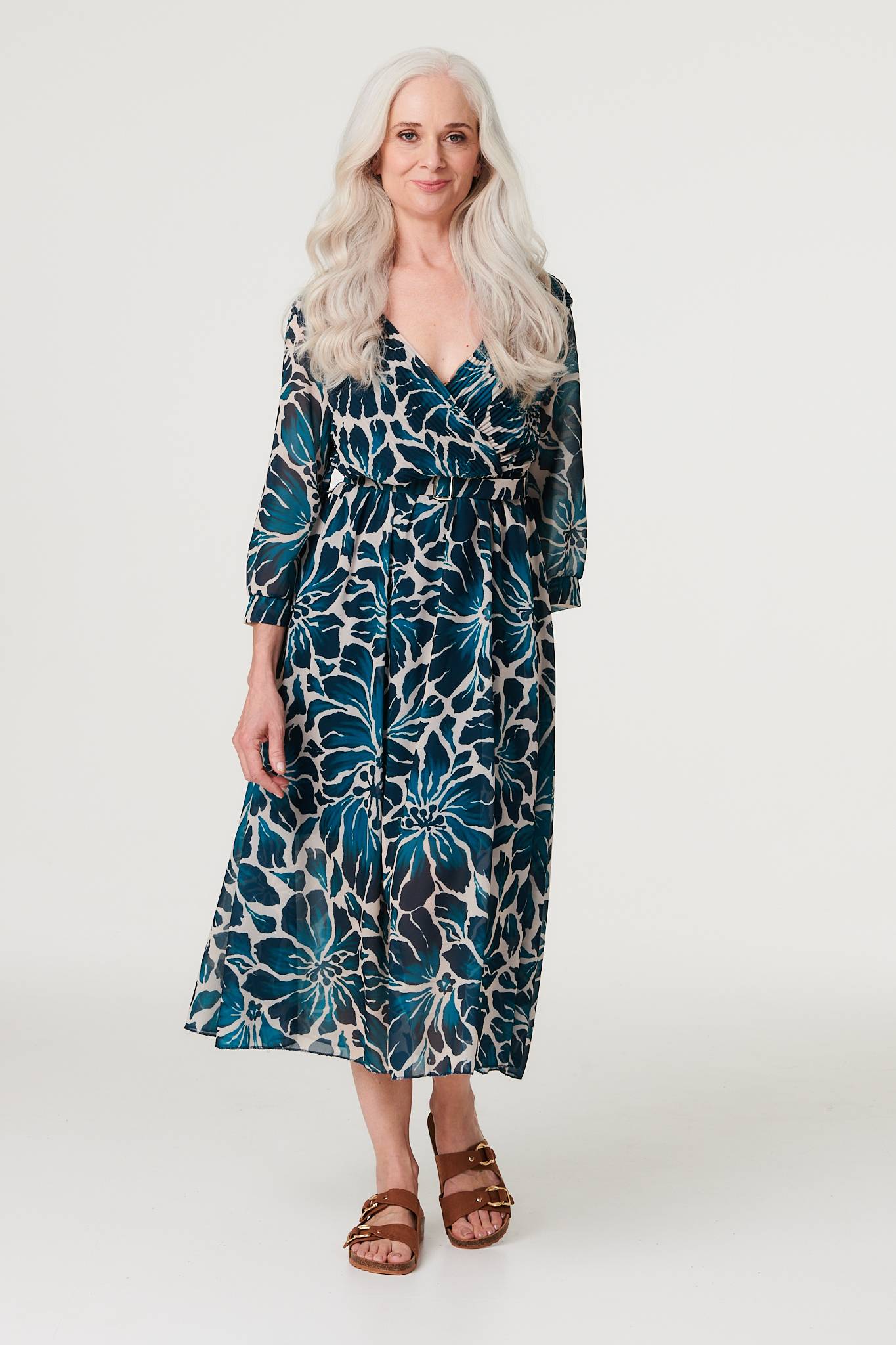 Floral Semi Sheer V-Neck Midi Dress Back View