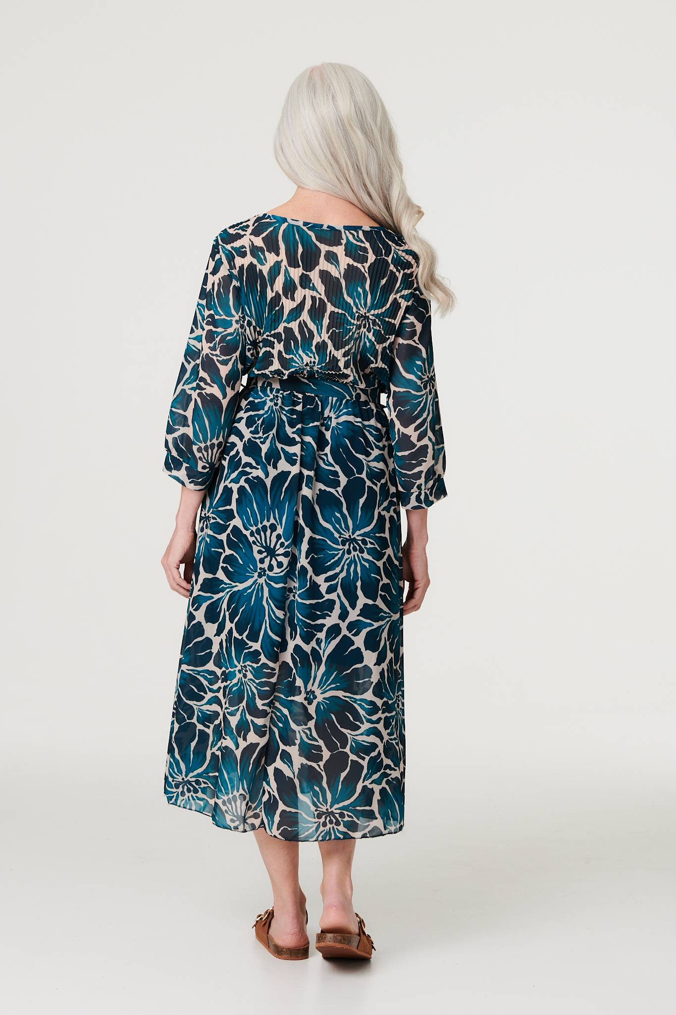 Floral Semi Sheer V-Neck Midi Dress Side View