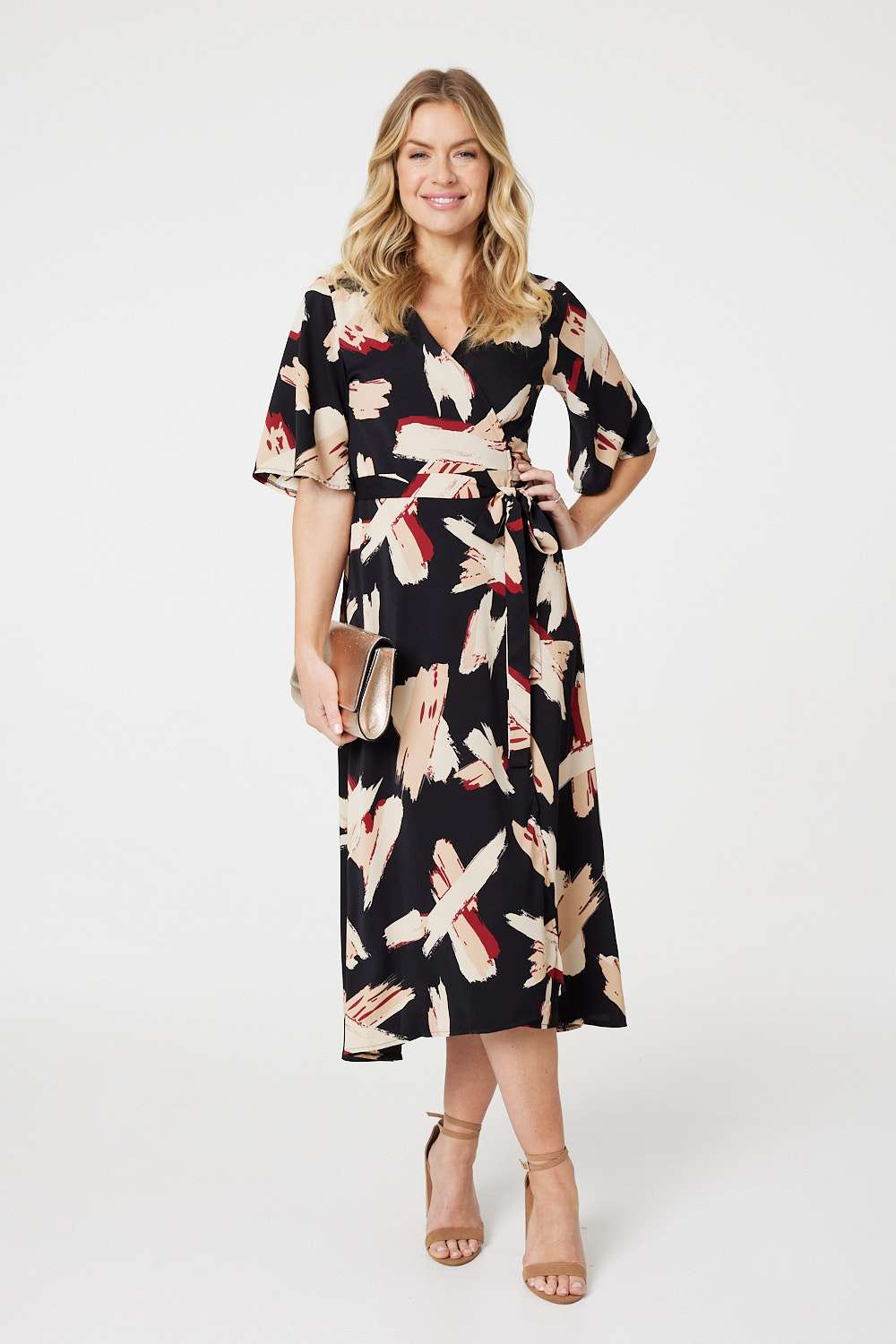Printed 1/2 Sleeve Midi Dress Front View